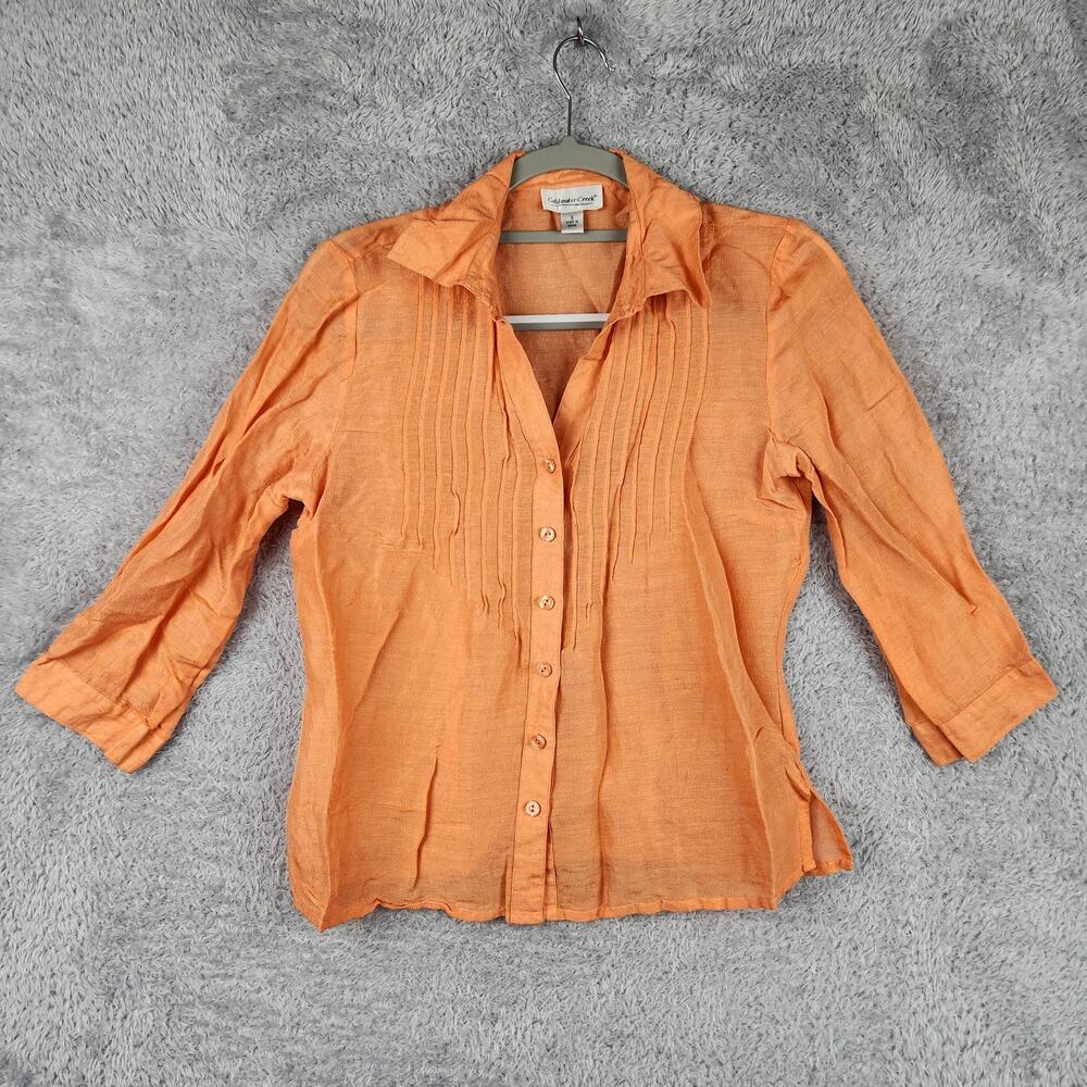 Vintage Coldwater Creek Blouse Womens Small Orange Linen Sheer Top Summer Office